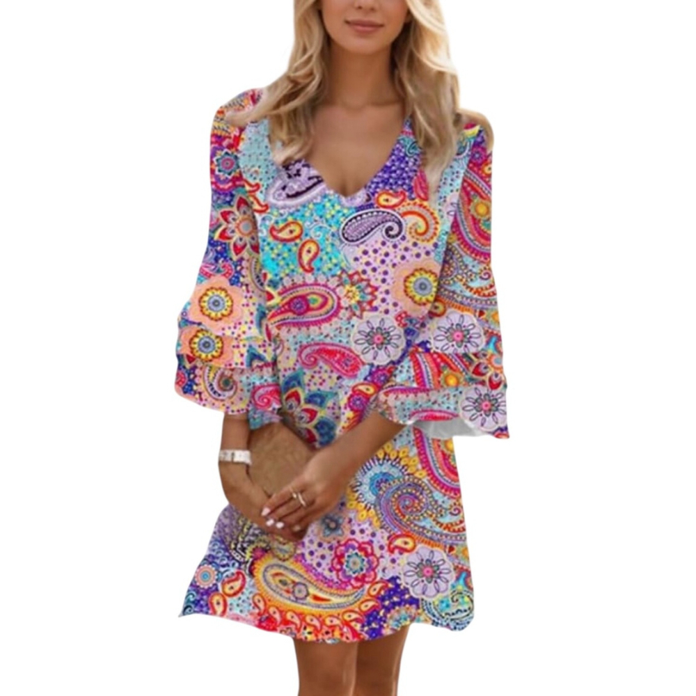 Noracora Colorful Paisley Vneck Bell Sleeve Dress Size Medium